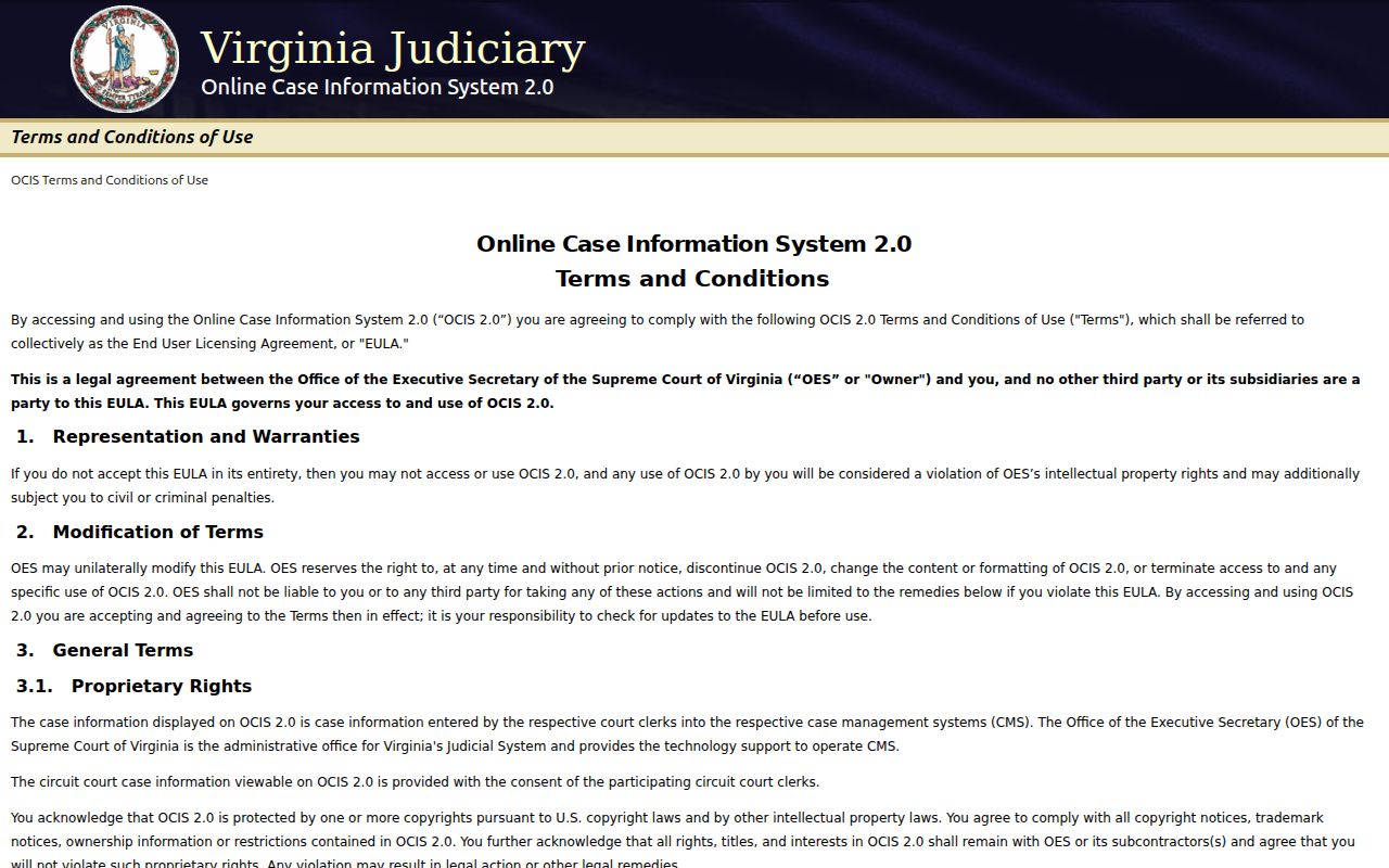 Fauquier County court case lookup fields in Virginia OCIS