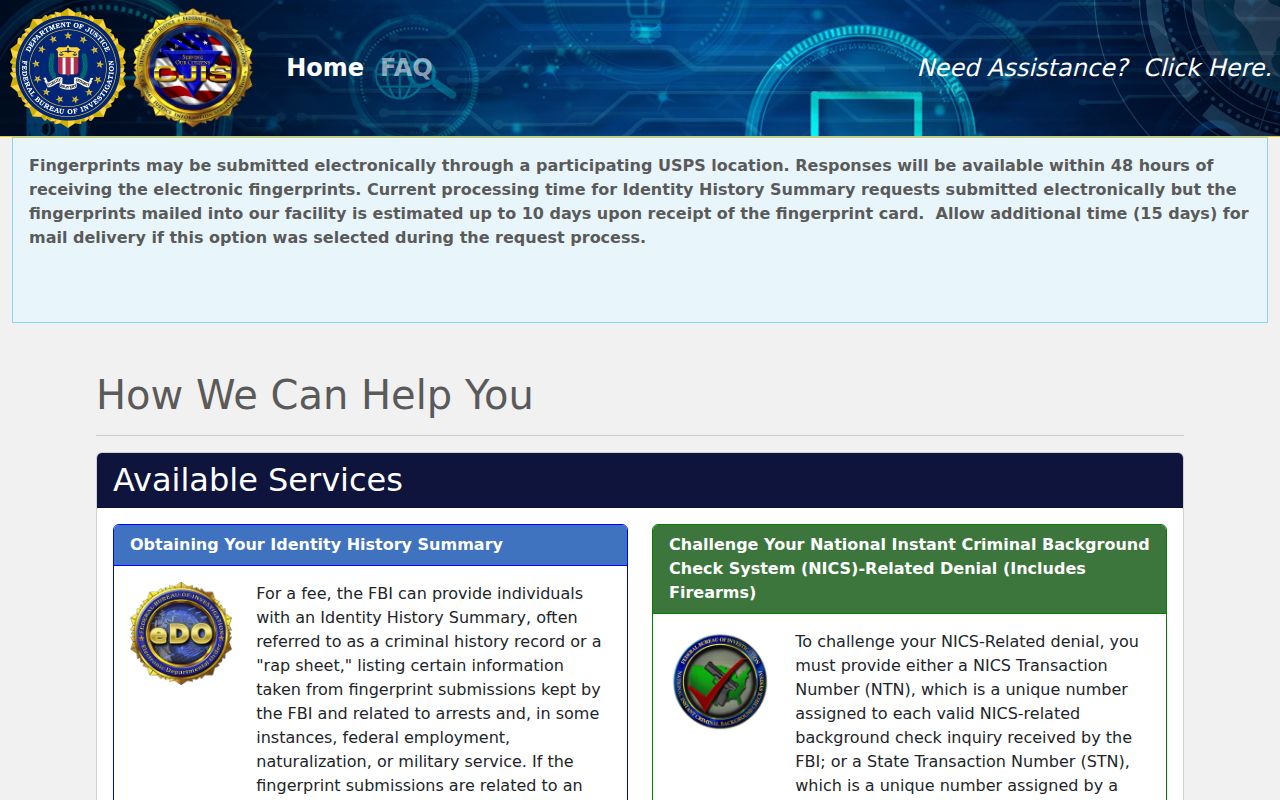 FBI electronic Identity History Summary request portal for personal record review