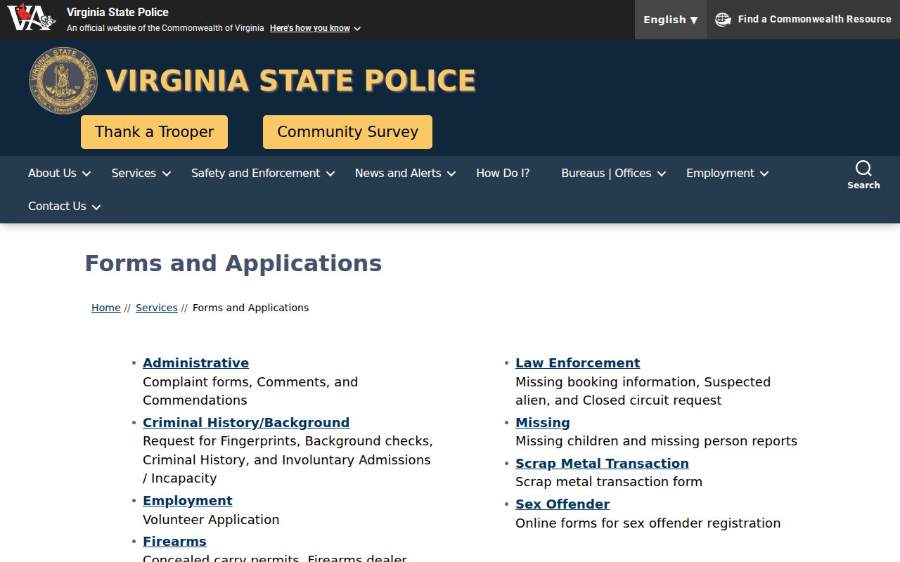 Virginia State Police forms directory used for Fauquier County criminal record requests