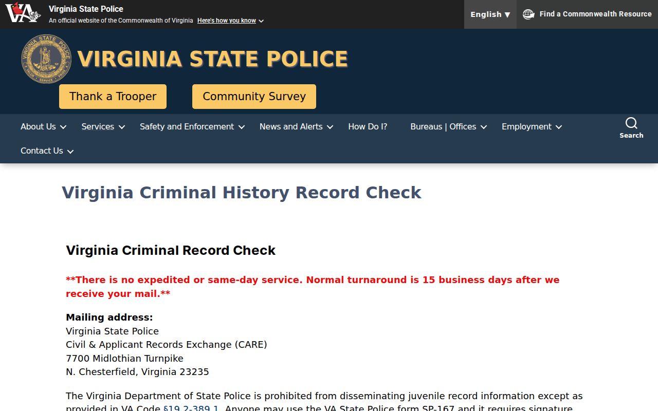 Virginia State Police criminal background check page for Fauquier County record requests