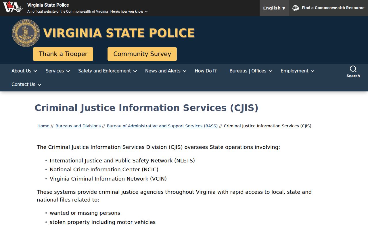 Fauquier County sex offender lookup contact through Virginia CJIS
