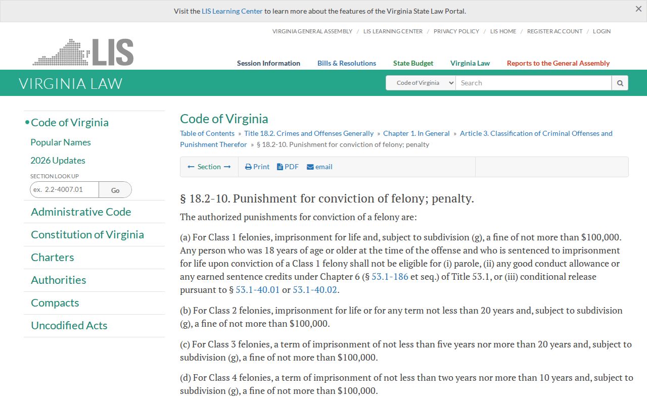 Virginia felony classifications for The Plains and Fauquier County criminal history records