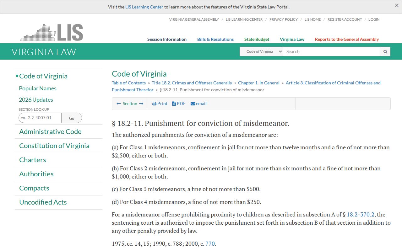 Virginia misdemeanor classifications for The Plains and Fauquier County criminal court records