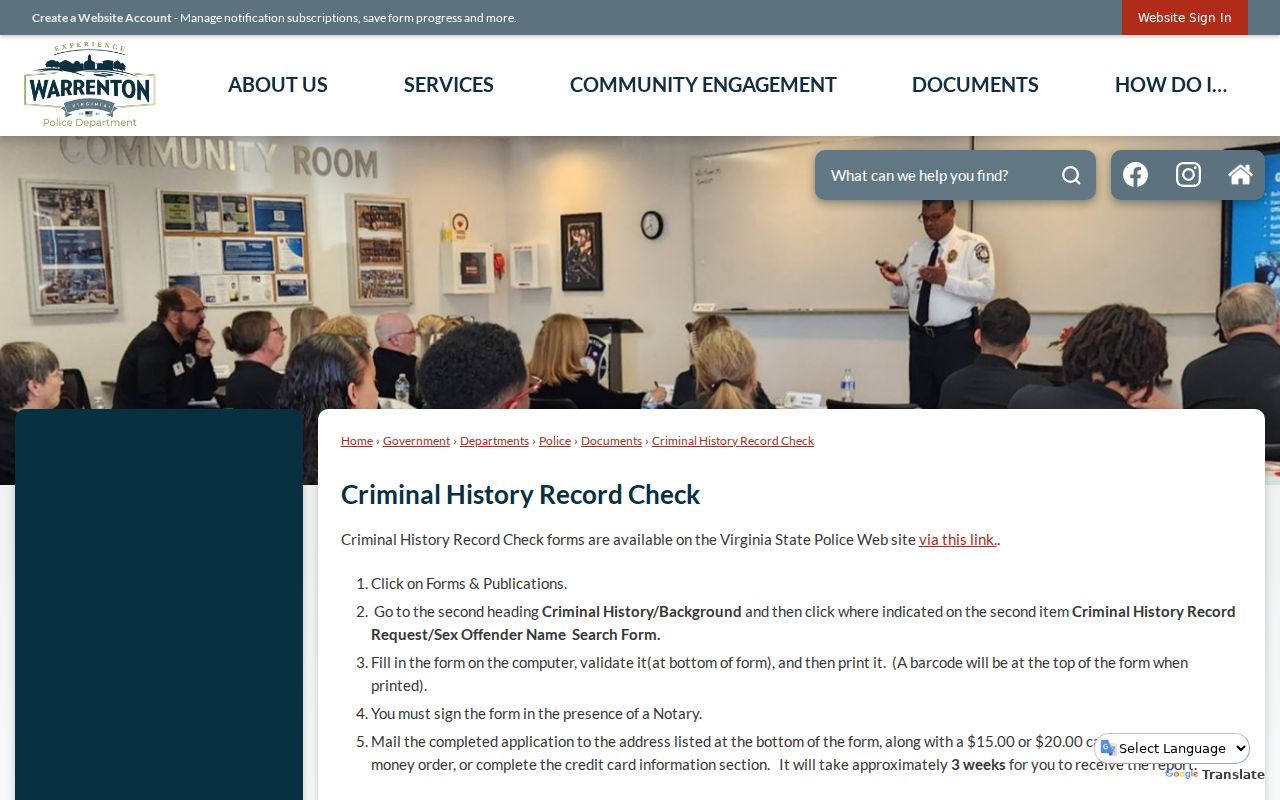 Warrenton criminal history record check instructions