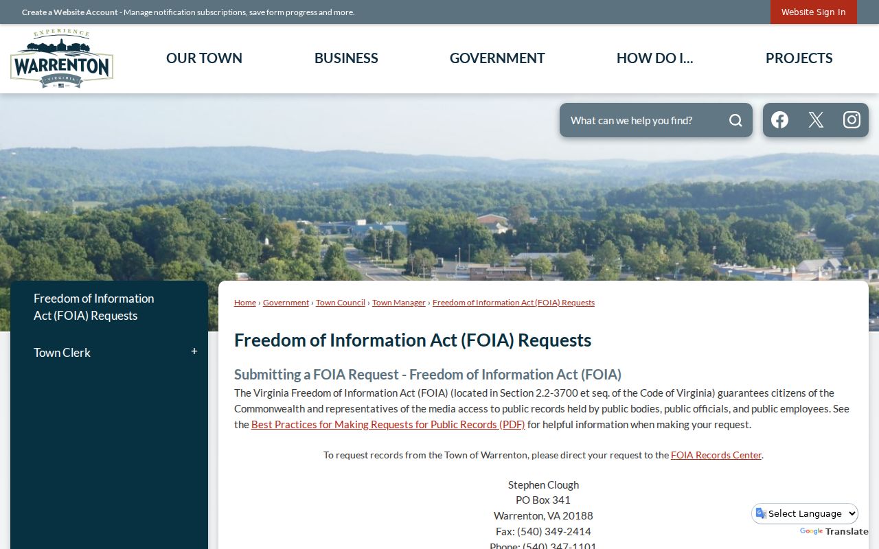 Warrenton FOIA request route for Warrenton criminal records
