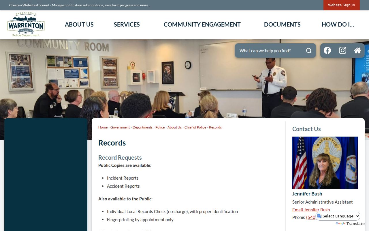 Warrenton criminal records services at the Warrenton Police records office